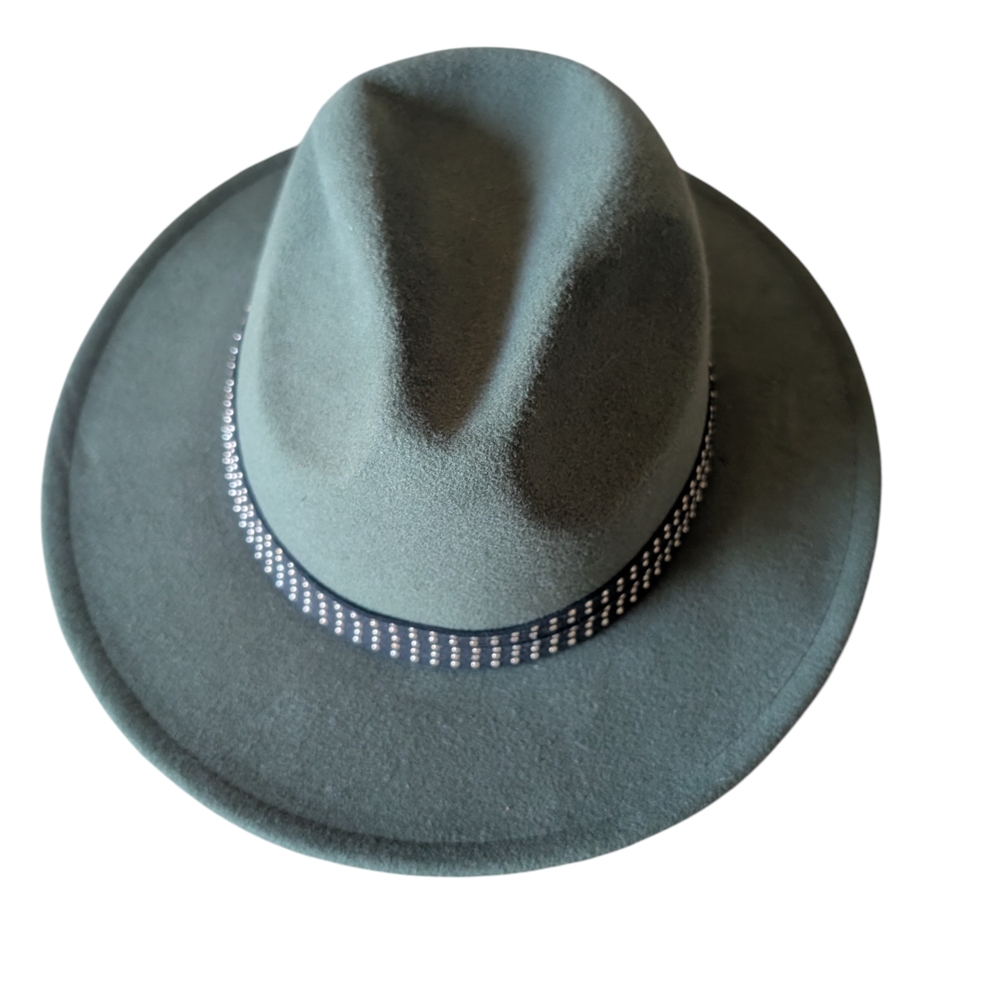 Olive Green Fedora Hat w/Black & Silver Band - Picture 3 of 9